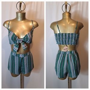 WILD HONEY TWO PIECE GREEN & BLUE STRIPED CROPPED TOP SHORT SET